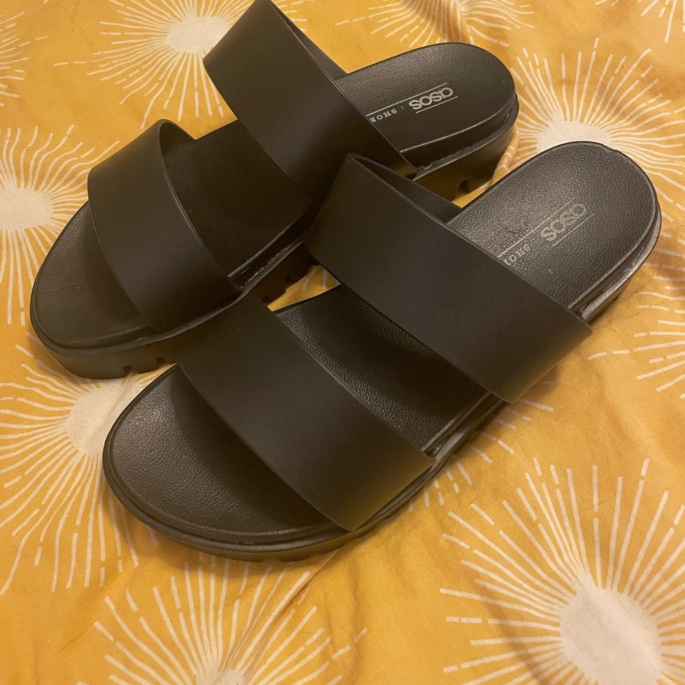 ASOS Black Vegan Leather Double Strap Slide Sandals